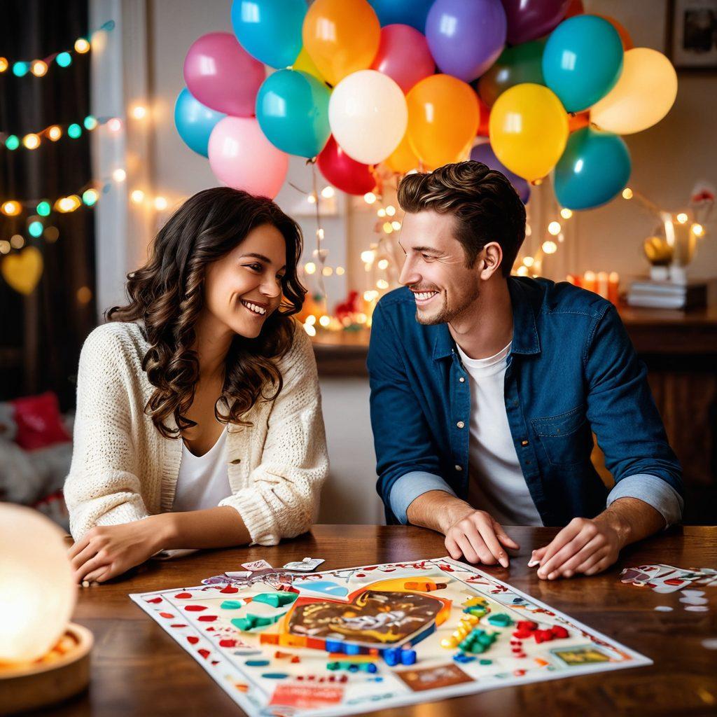 A cozy scene featuring a couple enjoying a lively game night with colorful board games spread out on a table, soft fairy lights in the background, and playful decorations like heart-shaped balloons. Capture the joy and laughter, emphasizing vibrant colors and a warm atmosphere to evoke romance and fun. super-realistic. vibrant colors. cozy ambiance.