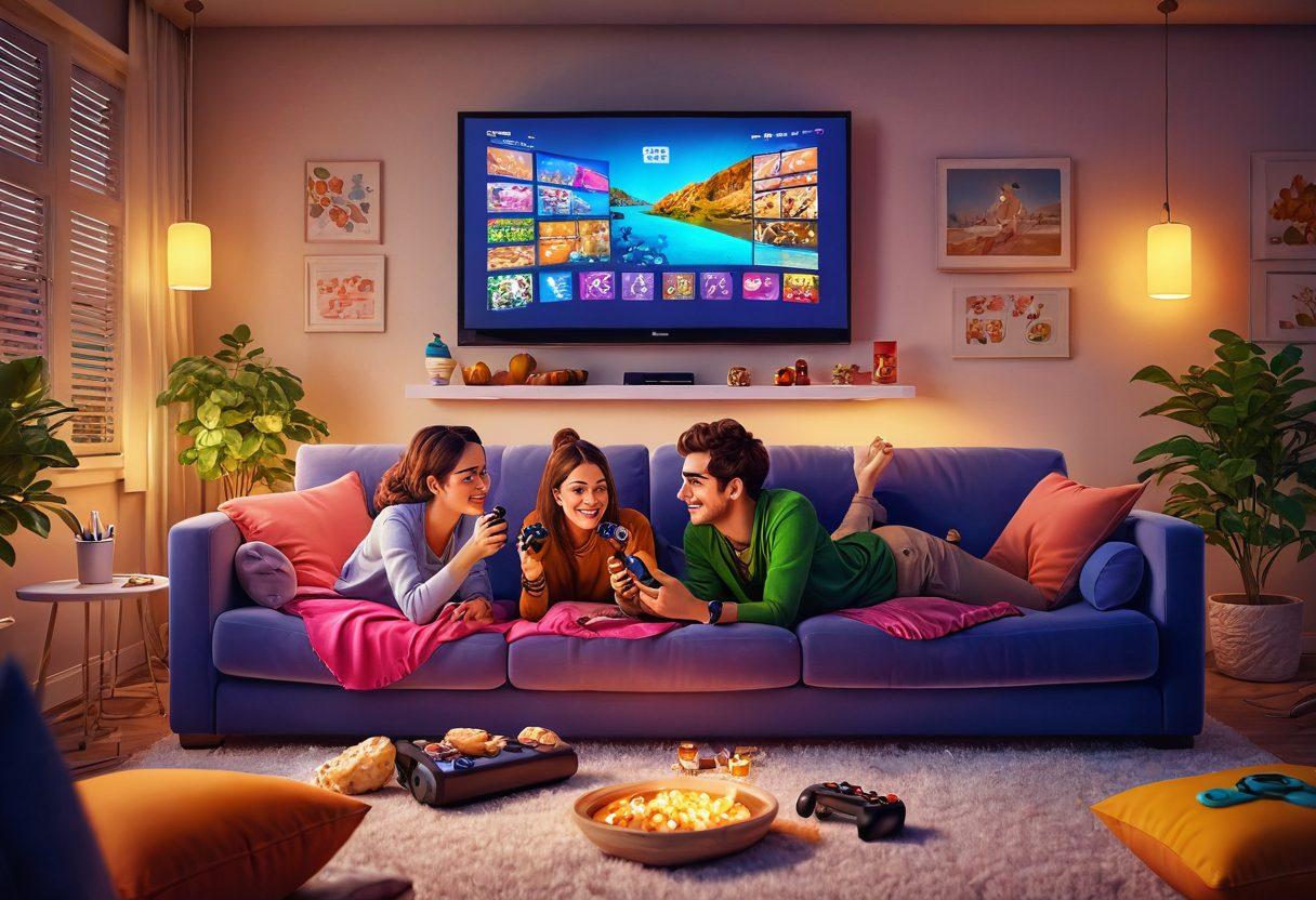 A cozy living room scene featuring a couple joyfully engaged in playing interactive video games together on a large screen, surrounded by snacks and colorful game controllers. The room should be warmly lit with soft cushions and romantic decorations, showcasing a sense of connection and fun. Include playful illustrations of game characters floating above the couple. warm and inviting atmosphere. vibrant colors. 3D.