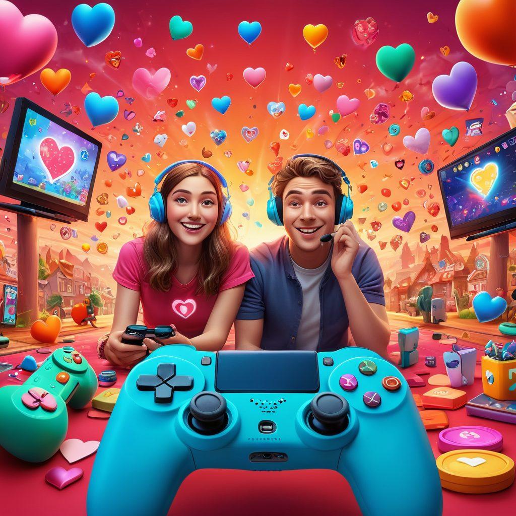 A whimsical scene featuring a couple playing a colorful online game together, surrounded by playful elements like hearts, game controllers, and cheerful icons. The background showcases a vibrant digital landscape, symbolizing a fun and engaging virtual world. Bright and lively colors emphasize the joy of connection through gaming. super-realistic. vibrant colors. playful atmosphere.